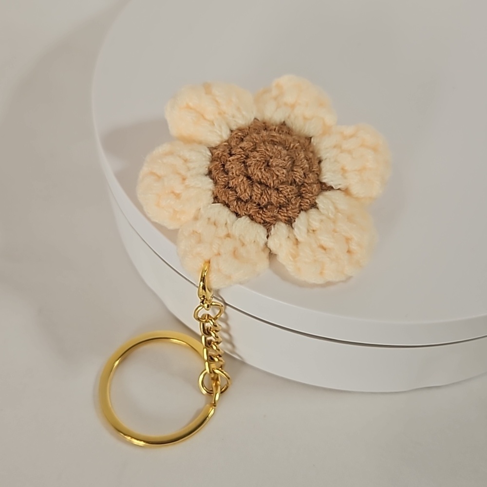 Hand Crafted Hand Knit Chrochet floral gold 4" Keychain flower baige and brown - Picture 17 of 17